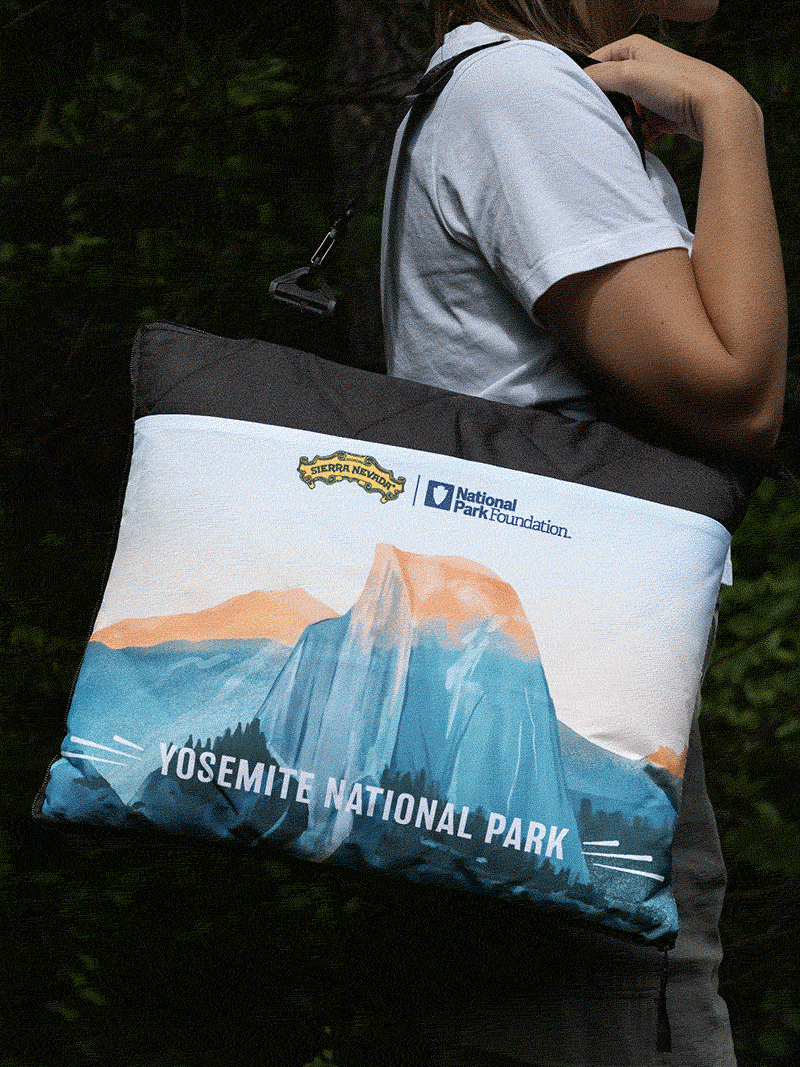 Three looping photos of the Slowtide Yosemite National Park Packable Picnic Blanket