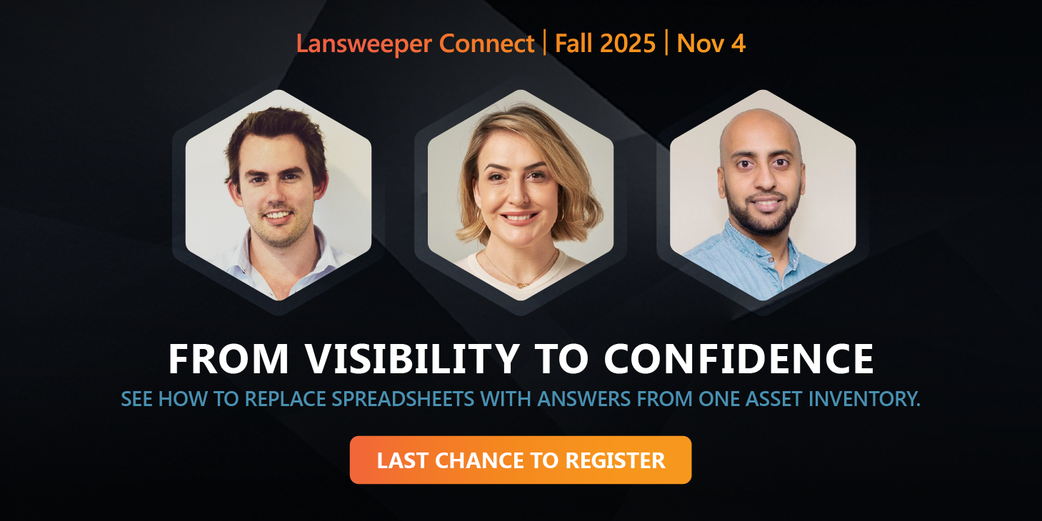 Promotional banner for “What’s Next | Fall 2025 – Lansweeper Connect” event | Tagline “From Insights to Impact” | Call‑to‑action button “Save My Spot” | Event date June 4th 2025 | Times 1:00 PM CEST | 7:00 AM EST | 5:00 PM CEST | 11:00 AM EST | Futuristic graphic with glowing Lansweeper logo in tech‑themed circular design