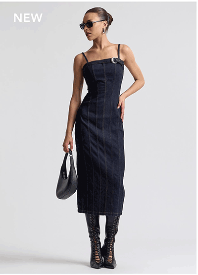 Stretch Denim Buckle Detail Midi Dress