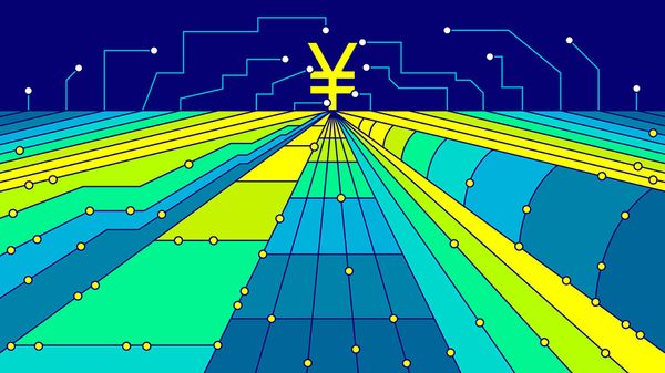 A colorful futuristic illustration of digital farmland with a large yen symbol at the center, connected by circuit-like lines