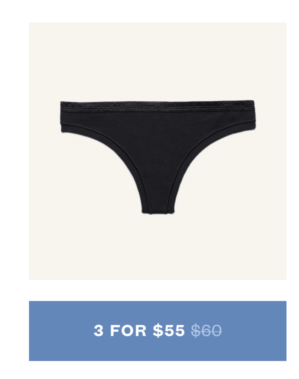 Black organic cotton thong underwear product image with promotional text: “3 for $55.”