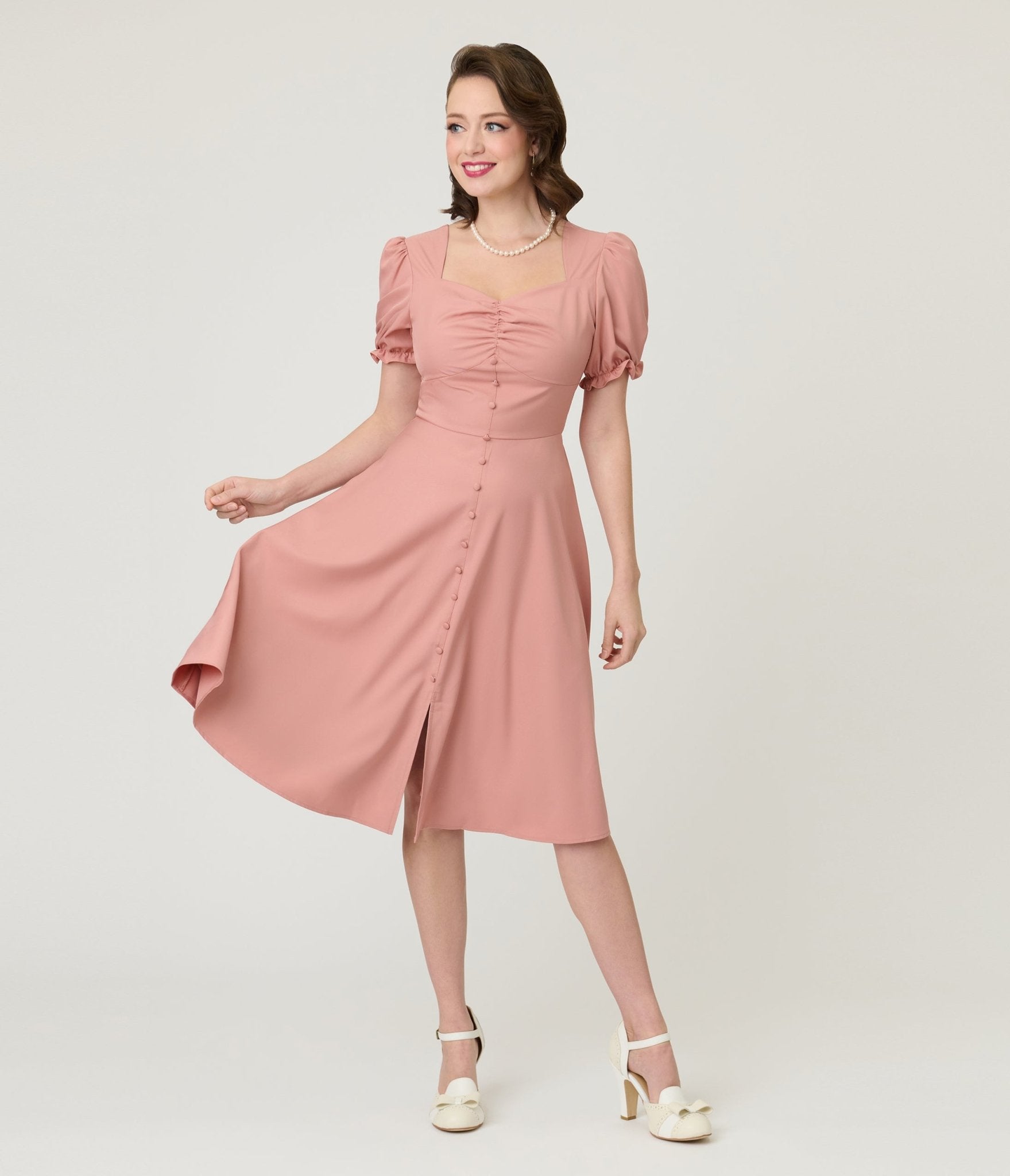 Image of Rose Puff Sleeve Tea Length Dress