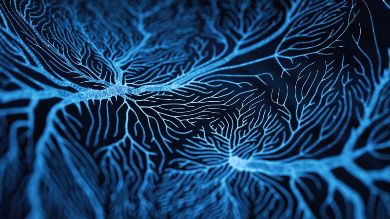 3D rendered image of Neuron cell network on black background