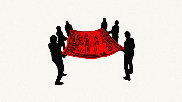 An illustration of a group of silhouetted people holding out a large red secutiry cheque like a safety net.