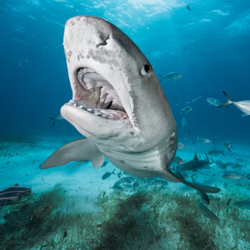 Tiger sharks are plentiful at Tiger Beach, a diving site in the Bahamas.