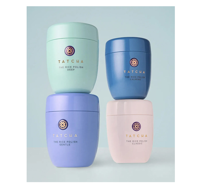 An image with the 4 versions of the Rice Polish by Tatcha: Deep, Gentle, Calming, and Classic.