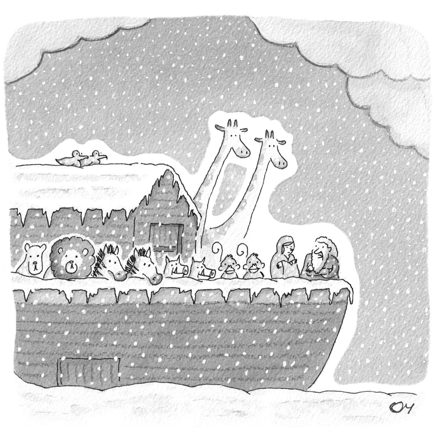 It is snowing on Noah's ark. Noah and his wife look cold.