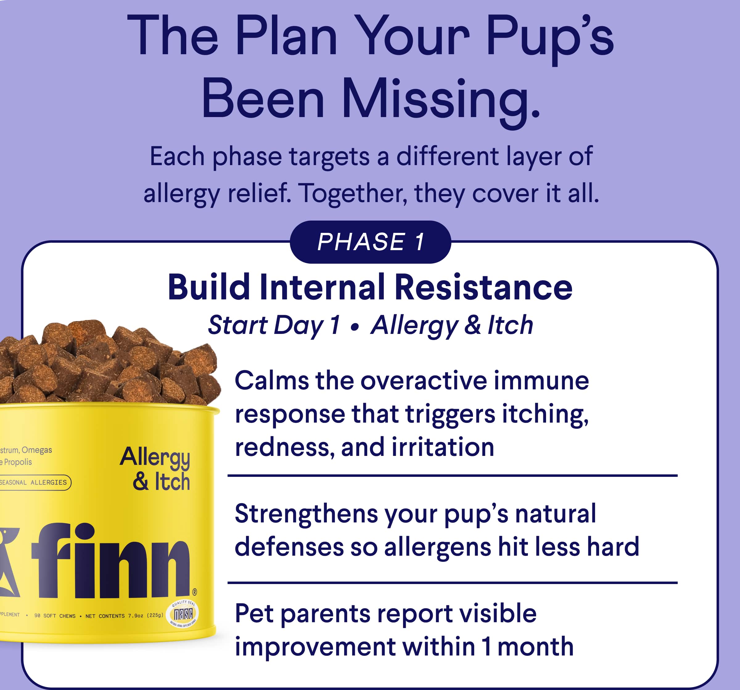 TEXT: The Plan Your Pup’s Been Missing. Each phase targets a different layer of allergy relief. Together, they cover it all. PHASE 1: Build Internal Resistance Start Day 1&nbsp; •&nbsp; Allergy & Itch Calms the overactive immune response that triggers itching, redness, and irritation  Strengthens your pup’s natural defenses so allergens hit less hard  Pet parents report visible improvement within 1 month