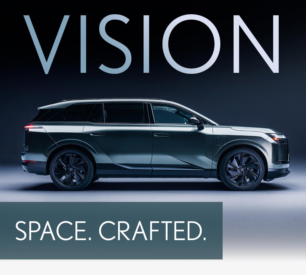 Vision: The first-ever Lexus TZ gleams against a moodily dark background. A headline declares "Space. Crafted." Take it all in.