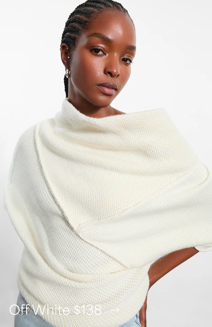 Miqueal wears the off-white Palmer Knit Top, shown from the waist up, priced at $138 →.