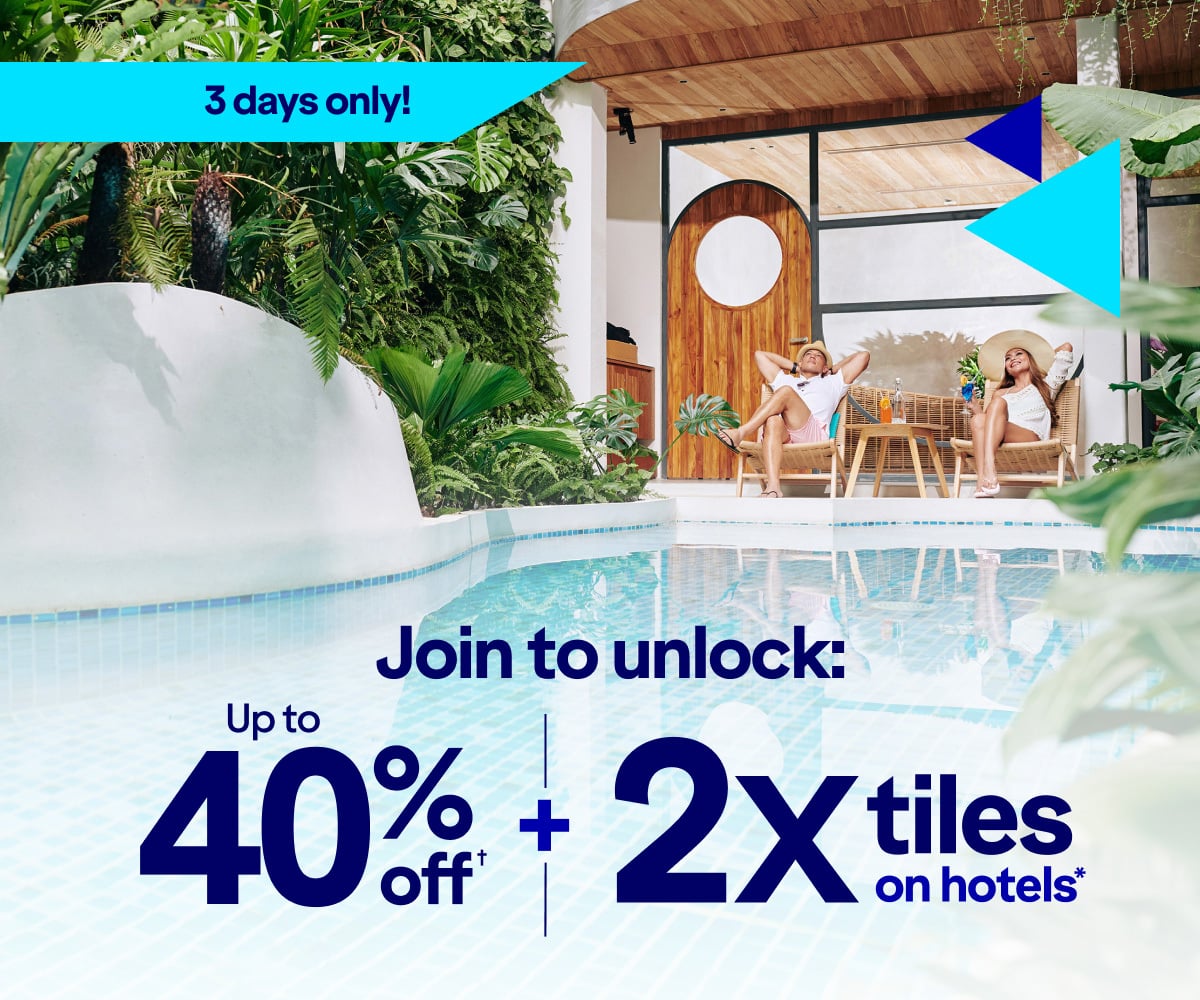 Earn 2X tiles on hotels* | 3 days only!. Click here to learn more.