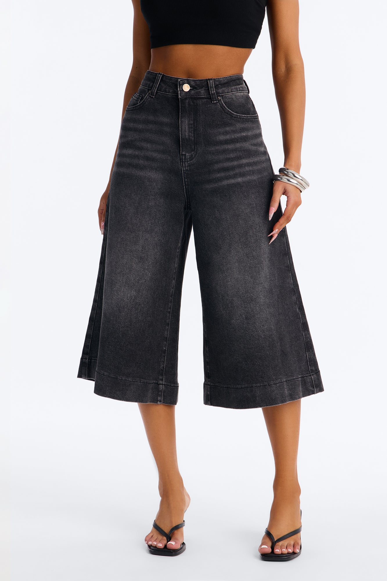 Image of Greenwich Culottes Wide Leg Jeans - Black Wash
