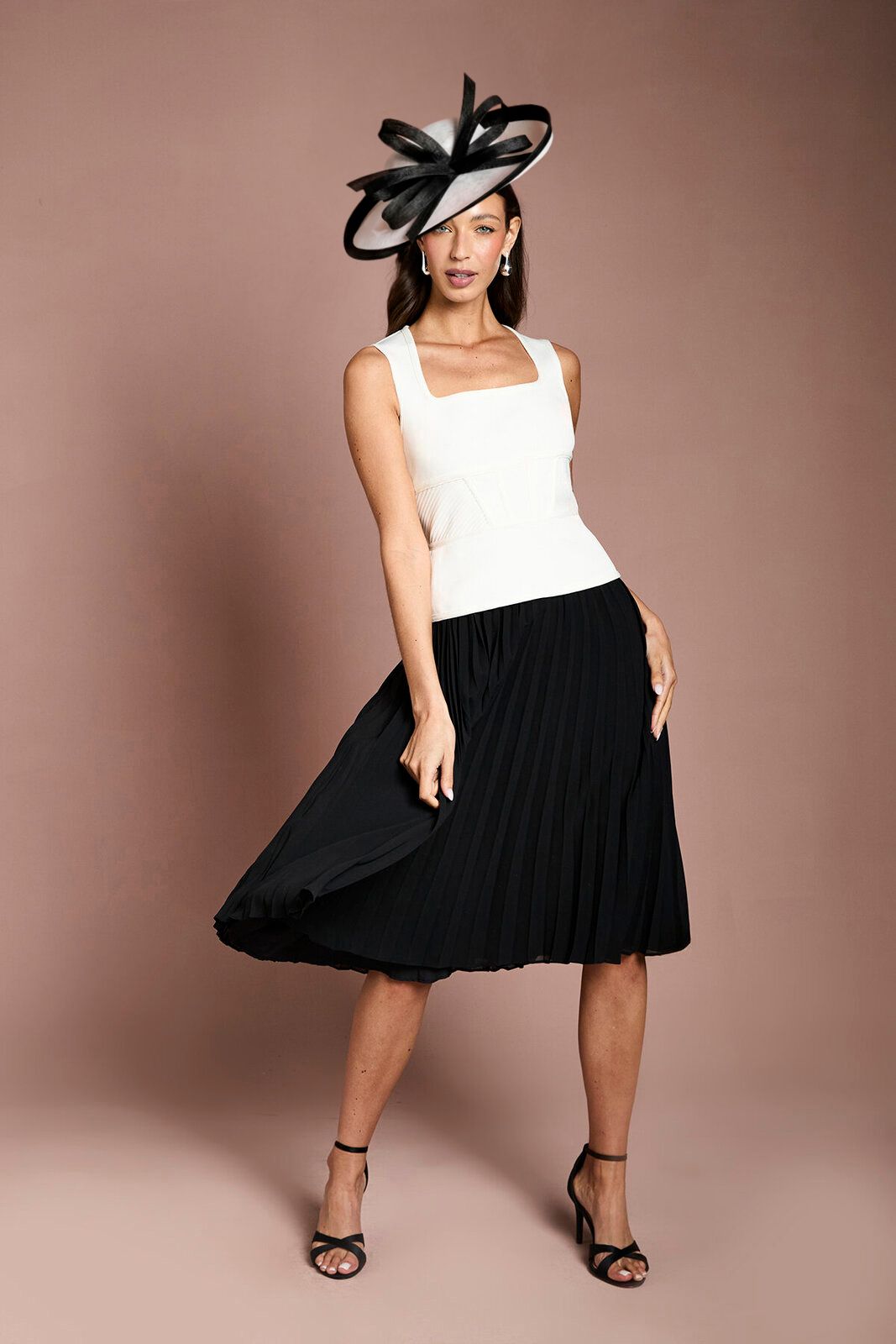 Petite Lisa Tan Bandage Peplum Georgette Pleated Skirt Midi Dress