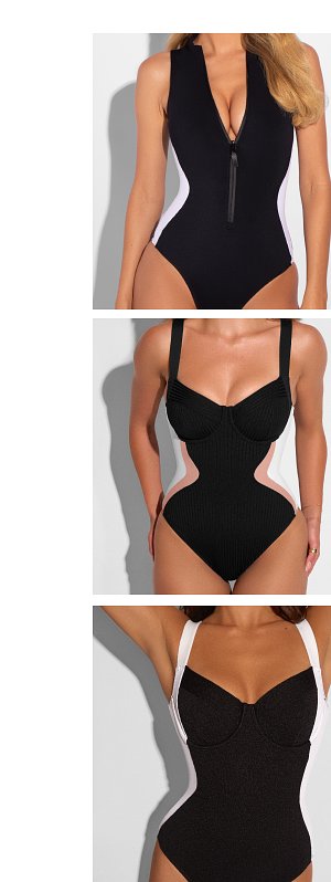 Black one-piece swimsuits with various designs and cutouts.