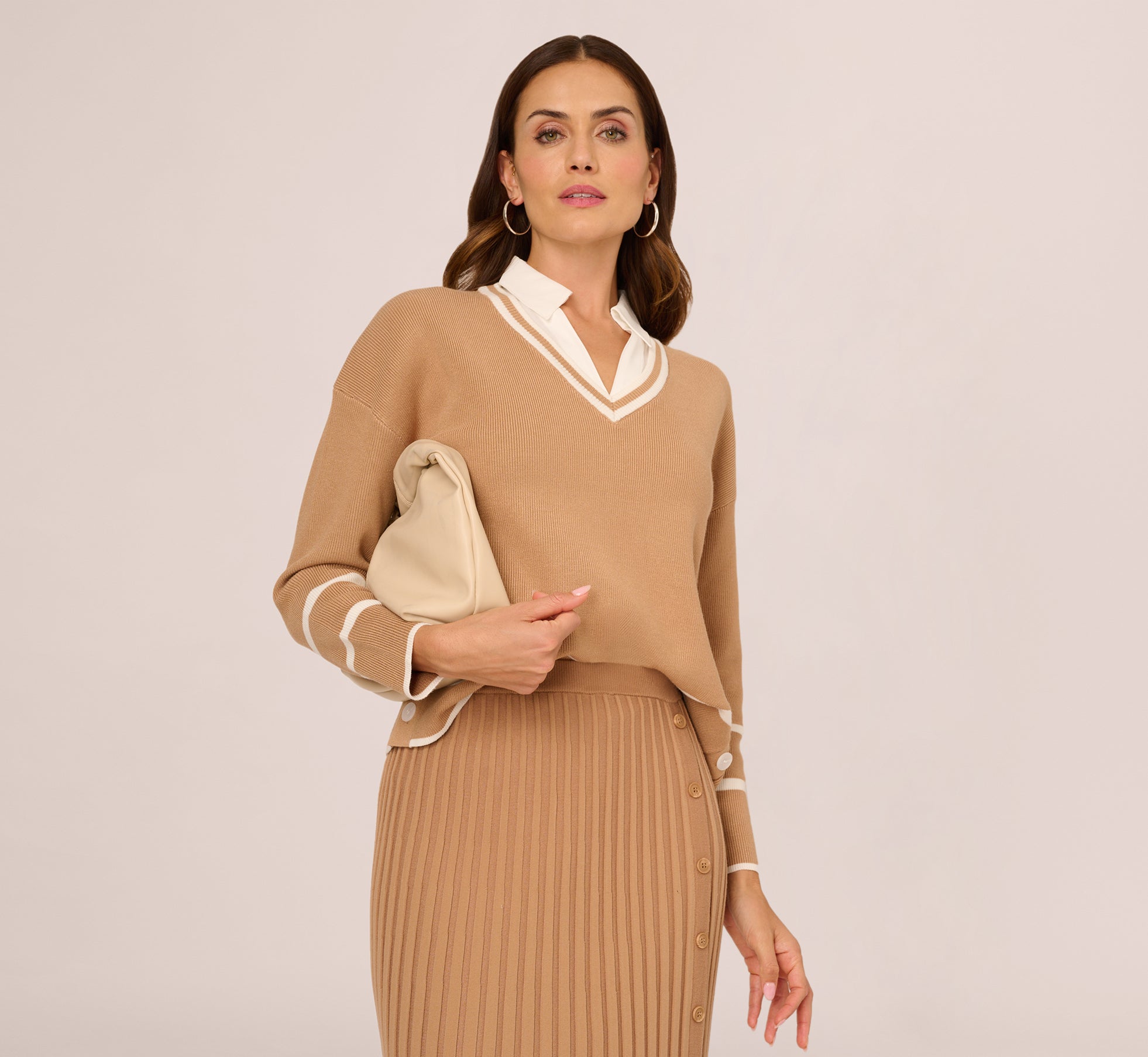 Image of Long Sleeve Drop Shoulder Twofer Sweater In Golden Camel Ivory