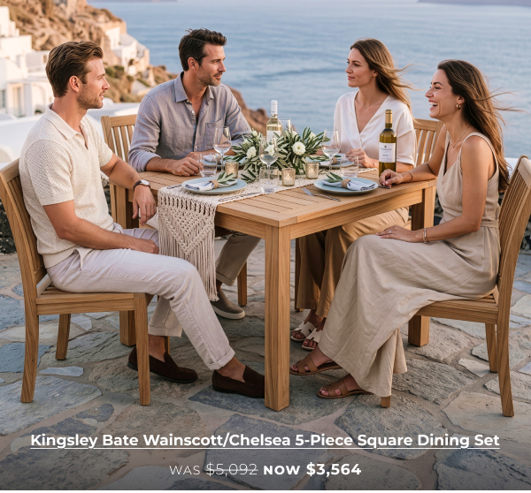 Four people dining at wooden table.
Image Text: Kingsley Bate Wainscott/Chelsea 5-Piece Square Dining Set WAS $5,092 NOW $3,564