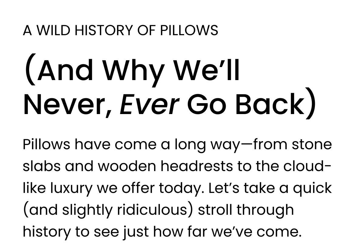 Pillows have come a long way—from stone slabs and wooden headrests to the cloud-like luxury we offer today. Let’s take a quick (and slightly ridiculous) stroll through history to see just how far we’ve come.
