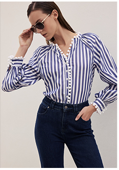 Blue and White Thin Striped Poplin Shirt With Pom-Pom Embellished Neckline and Front Placket