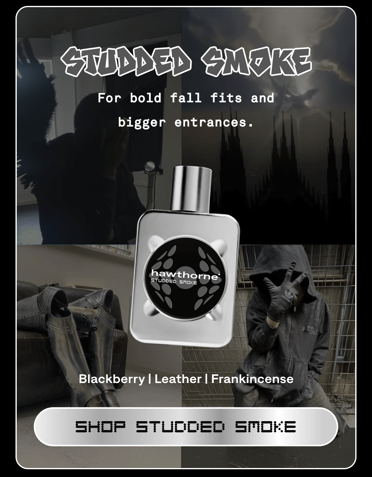 STUDDED SMOKE Blackberry | Leather | Frankincense  For bold fall fits and bigger entrances. | SHOP STUDDED SMOKE