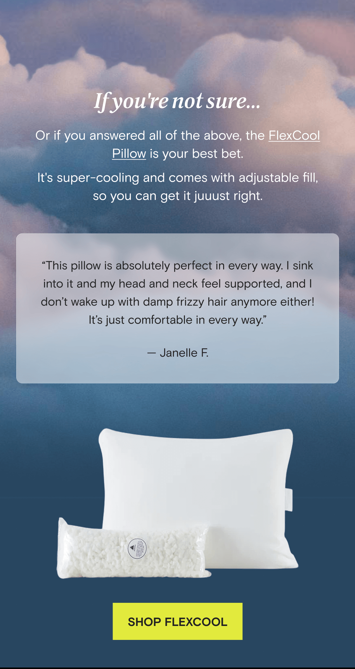 If you're not sure... Or if you answered all of the above, the FlexCool Pillow is your best bet. It's super-cooling and comes with adjustable fill, so you can get it juuust right. “This pillow is absolutely perfect in every way. I sink into it and my head and neck feel supported, and I don’t wake up with damp frizzy hair anymore either! It’s just comfortable in every way.” — Janelle F. | SHOP FLEXCOOL