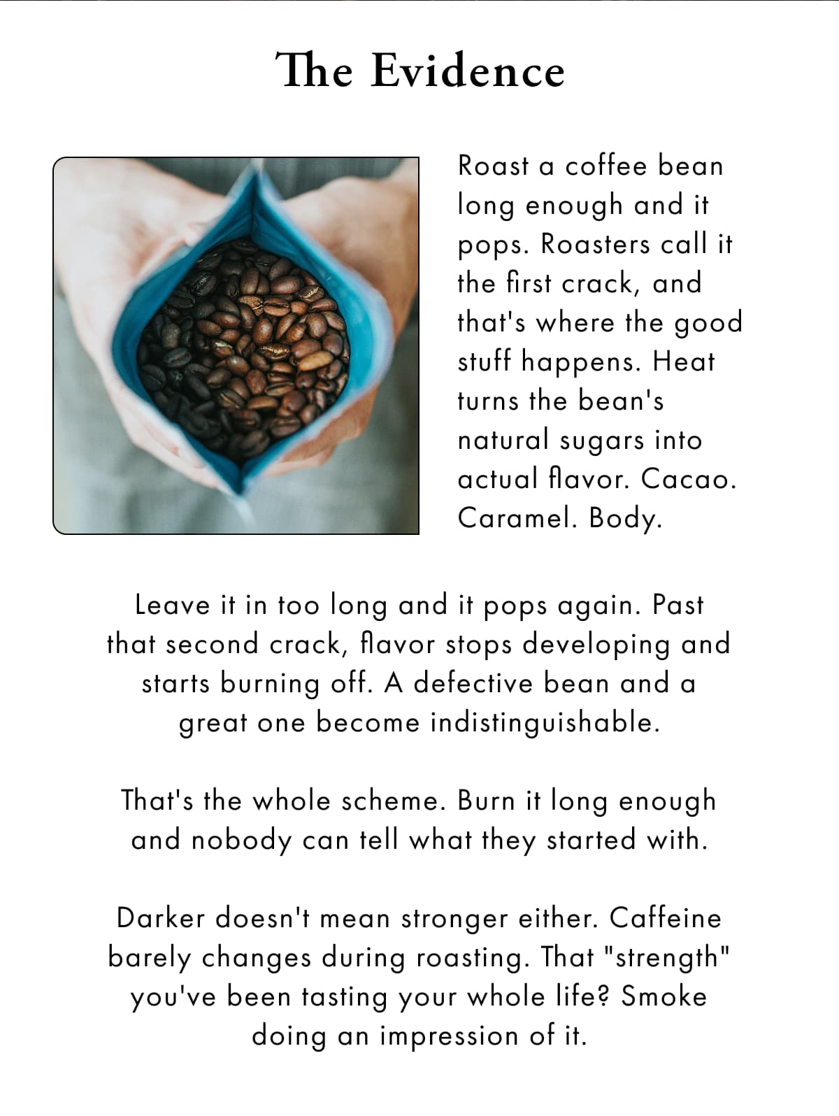 The Evidence Roast a coffee bean long enough and it pops. Roasters call it the first crack, and that's where the good stuff happens. Heat turns the bean's natural sugars into actual flavor. Cacao. 