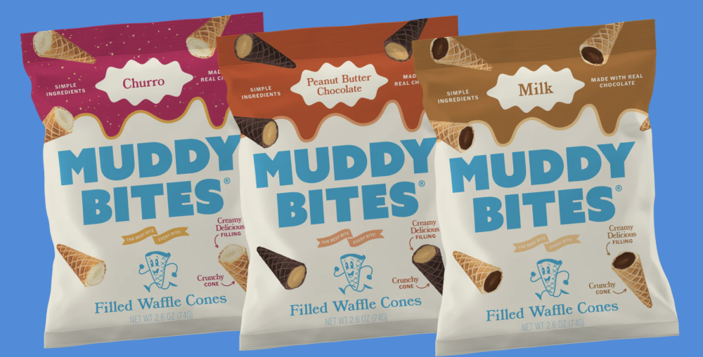 Muddy Bites Churro, Peanut Butter Chocolate, and Milk bags.
