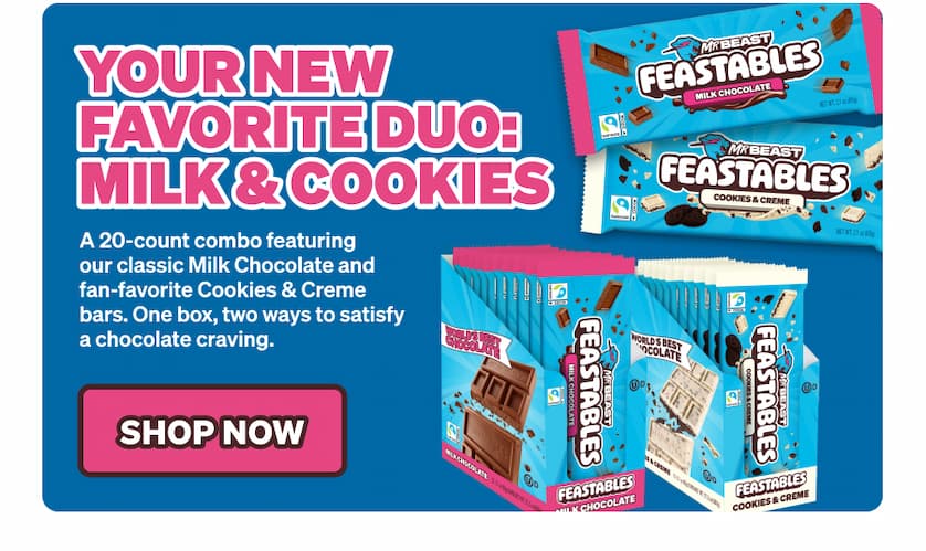 YOUR NEW FAVORITE DUO: MILK & COOKIES! A 20-count combo featuring our classic Milk Chocolate and fan-favorite Milk Crunch bars. One box, two ways to satisfy a chocolate craving. Shop Milk & Cookies now!