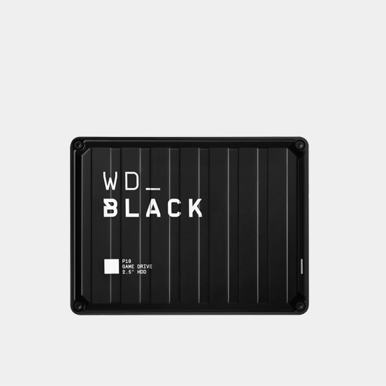 A black WD_Black P10 Game Drive 2.5" HDD external hard drive against a grey background.