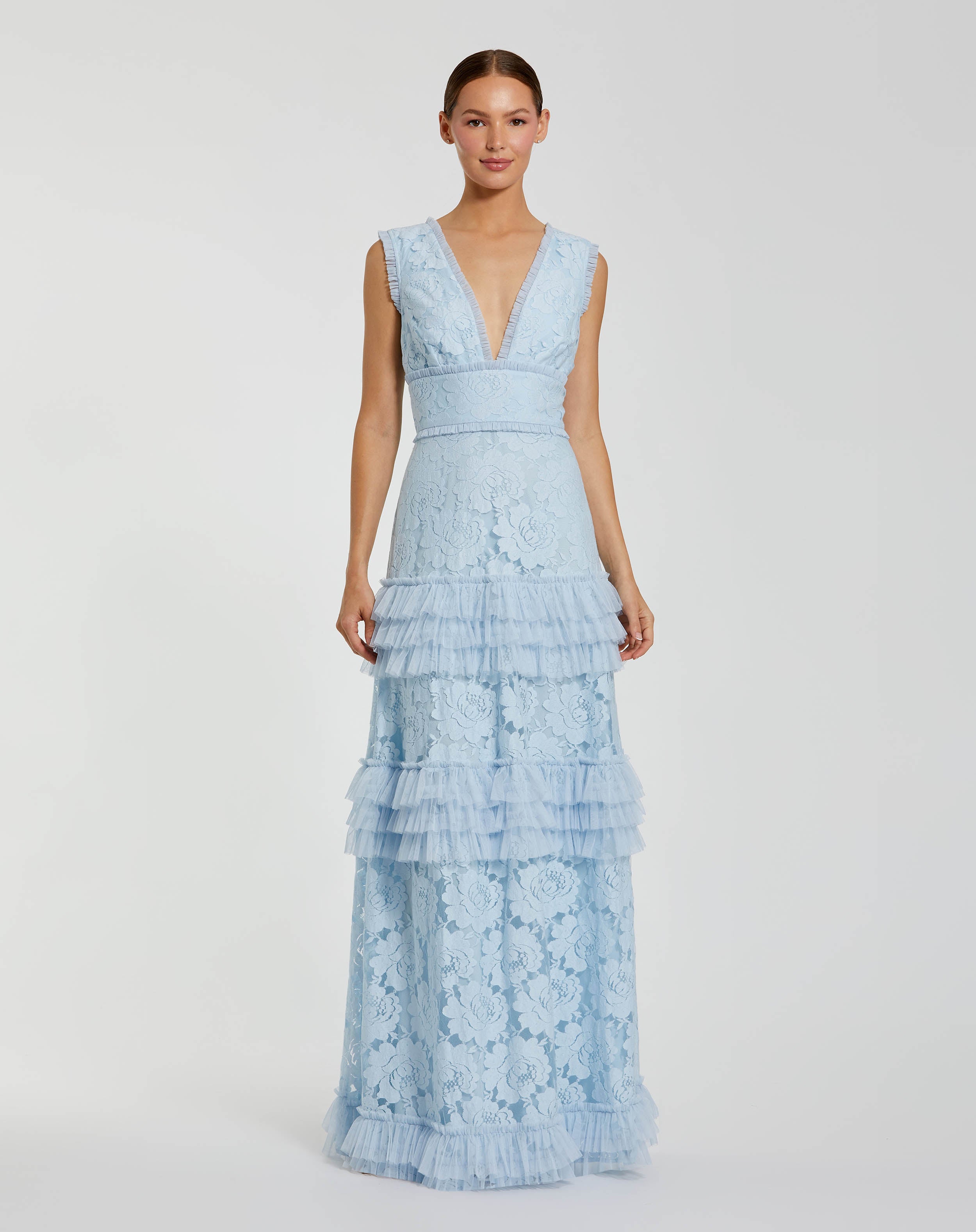 Image of Blue V Neck Lace Tiered Ruffle Gown