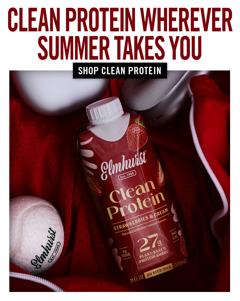 Clean Protein Strawberries & Cream shake in a gym bag next to a tennis balls and headphones | Shop Clean Protein
