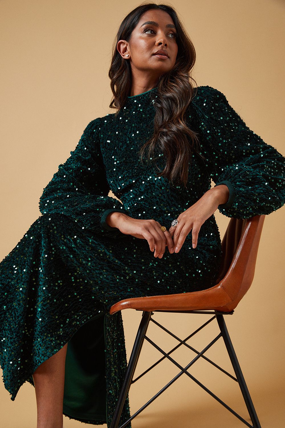 Occasion Velvet Sequin High Neck Midi Dress