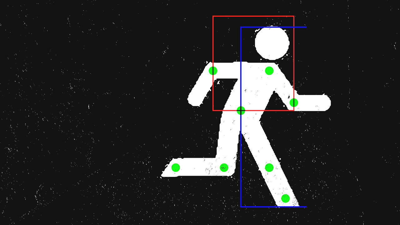Running man symbol with body recognition UI elements overlayed