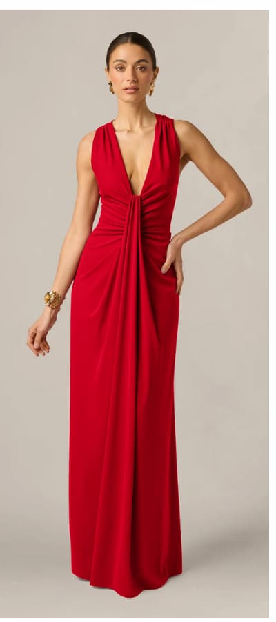 Draped Stretch Jersey Cross Back Plunge Gown In Red