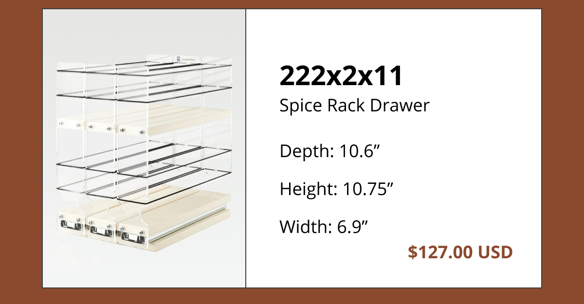 Compact pull-out spice rack drawer 222x2x11 with dimensions and pricing for narrow kitchen cabinets