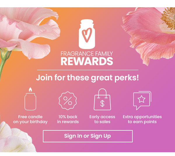 Fragrance family rewards program details with four perks listed and a sign in or sign up button, floral background.