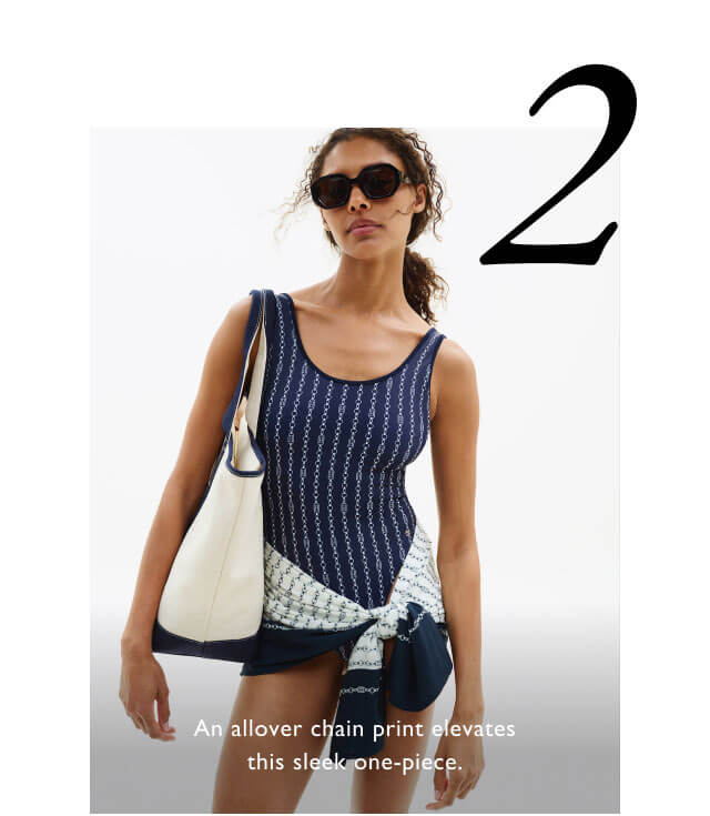 An allover chain print elevates this sleek one-piece.                                             