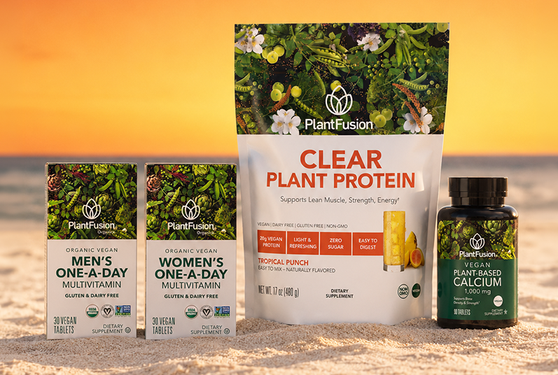 Clear protein and PlantFusion products on sunset beach