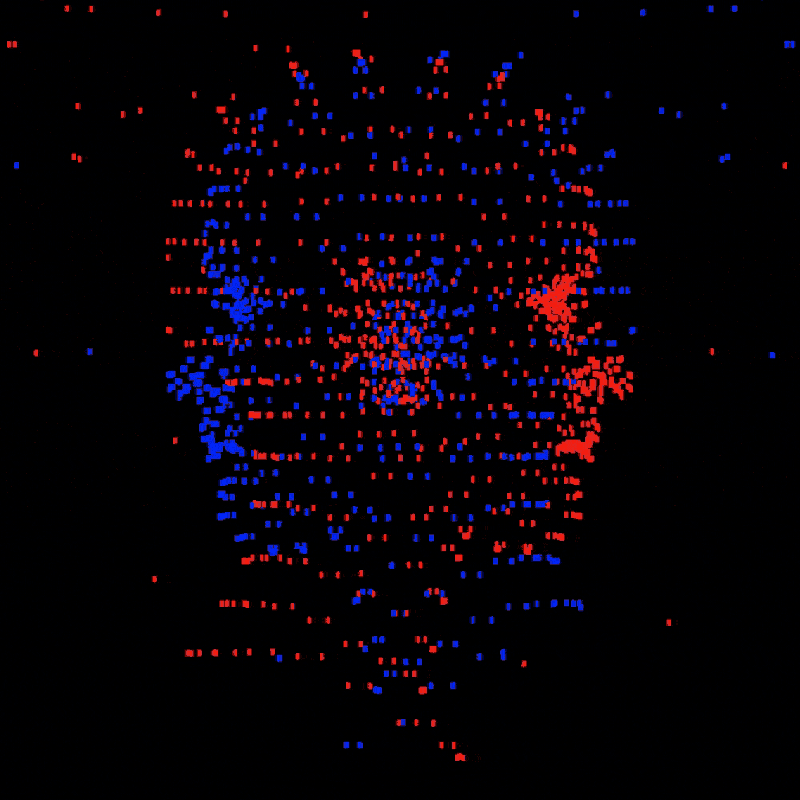 An intertwined red head and blue head spinning in opposite directions.