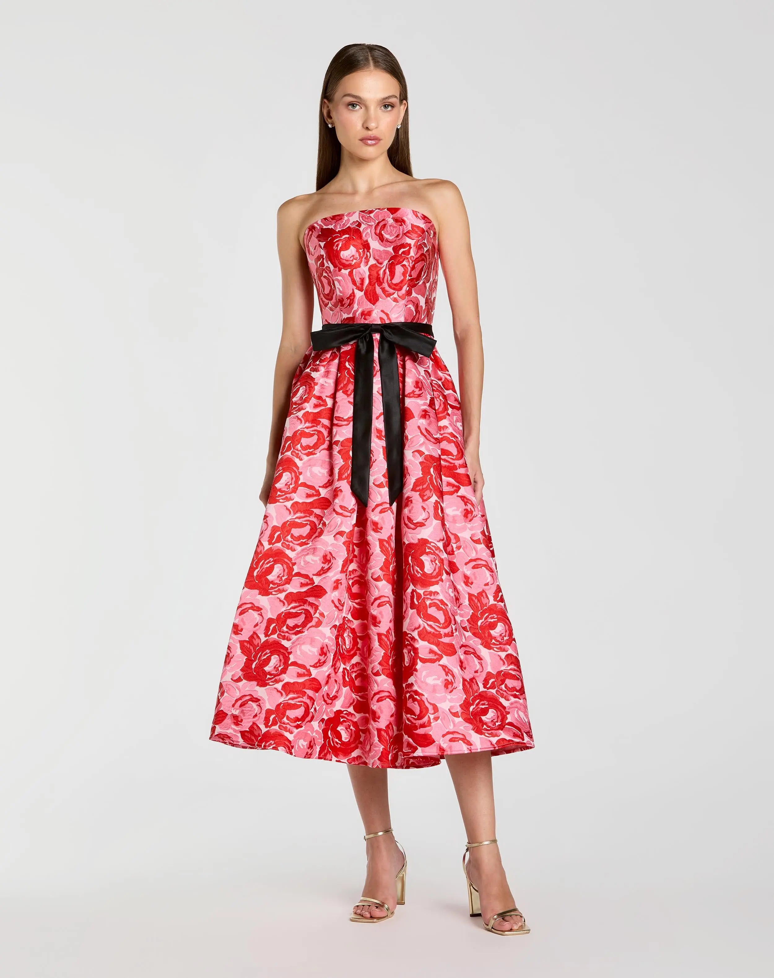 Image of Red Strapless Brocade Midi Dress With Satin Bow