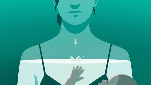 Conceptual illustration about lactology showing a woman partially submerged in liquid, with a droplet falling toward the surface and a baby reaching upward beneath it.