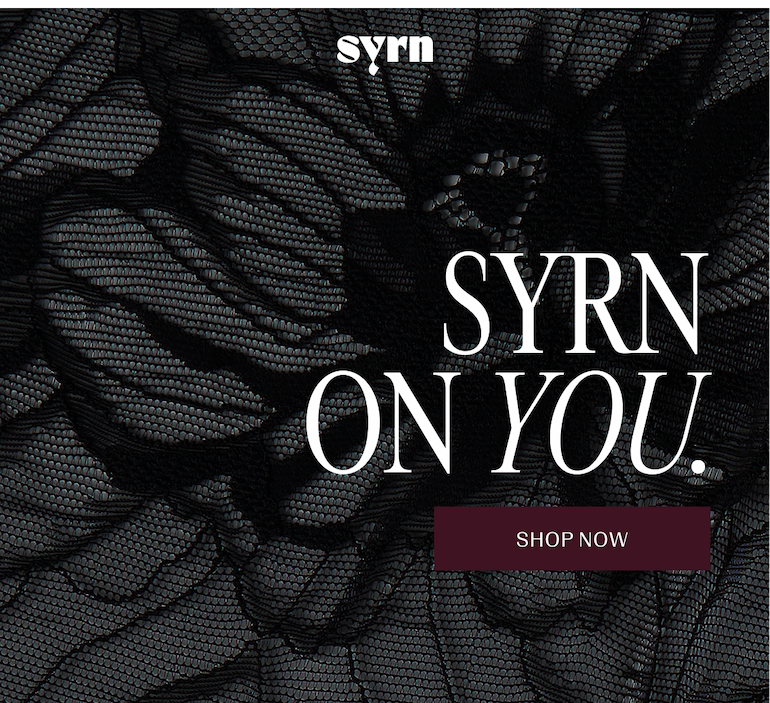 White text and burgundy button on black lace background.