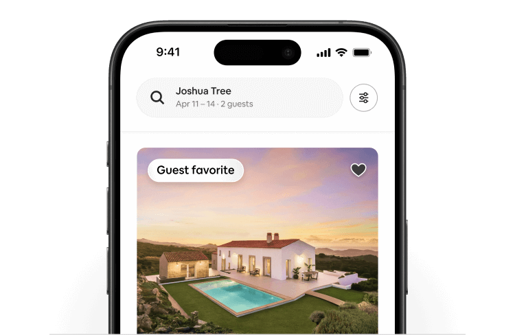 A phone shows an Airbnb listing of a white house in Sardinia. In the top-left corner of the listing is a Guest Favorite badge.