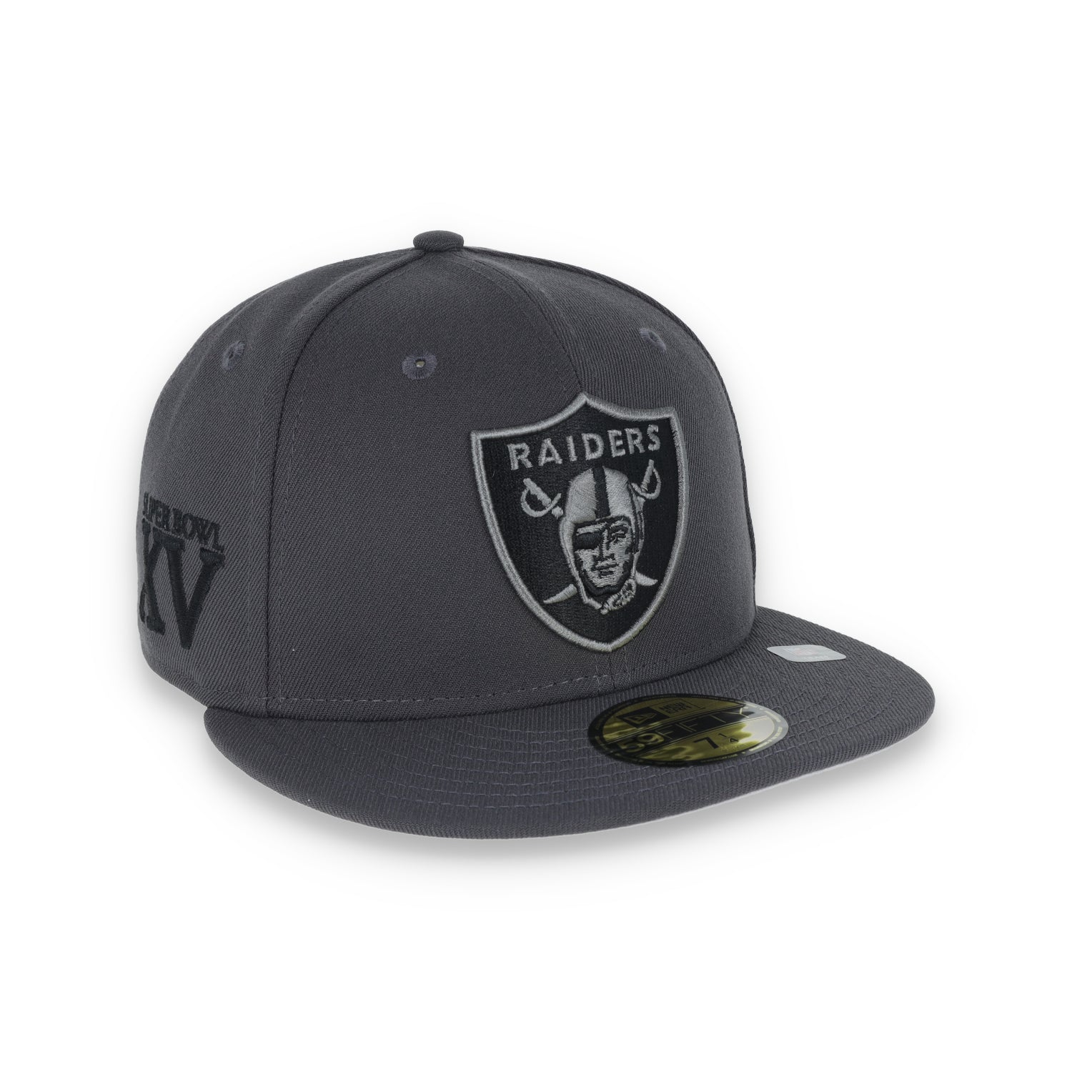 Image of Las Vegas Raiders Shield Super Bowl XV Side Patch New Era 59Fifty Fitted-Grey/Black