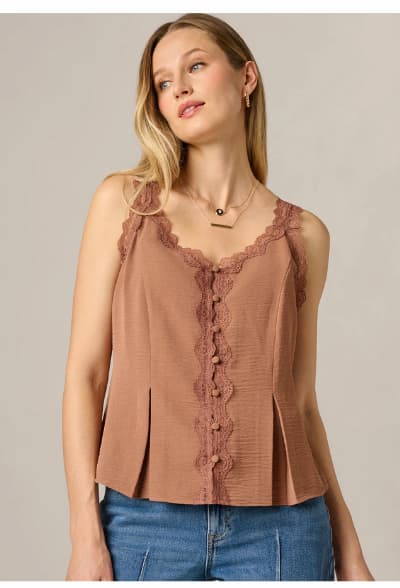 Pleated Lace Trim Tank Top In Acorn