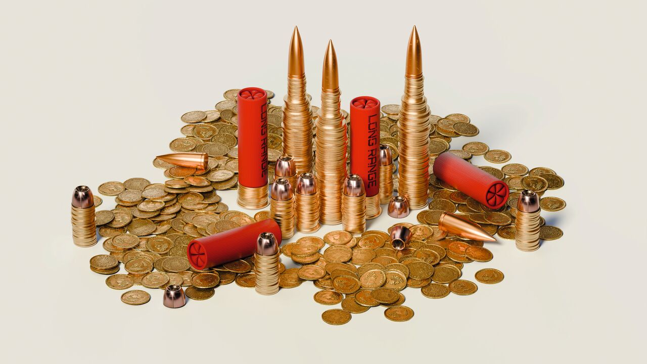 An illustration of a pile of gold coins with stacks that form bullets and shotgun ammunition scattered around the pile. 