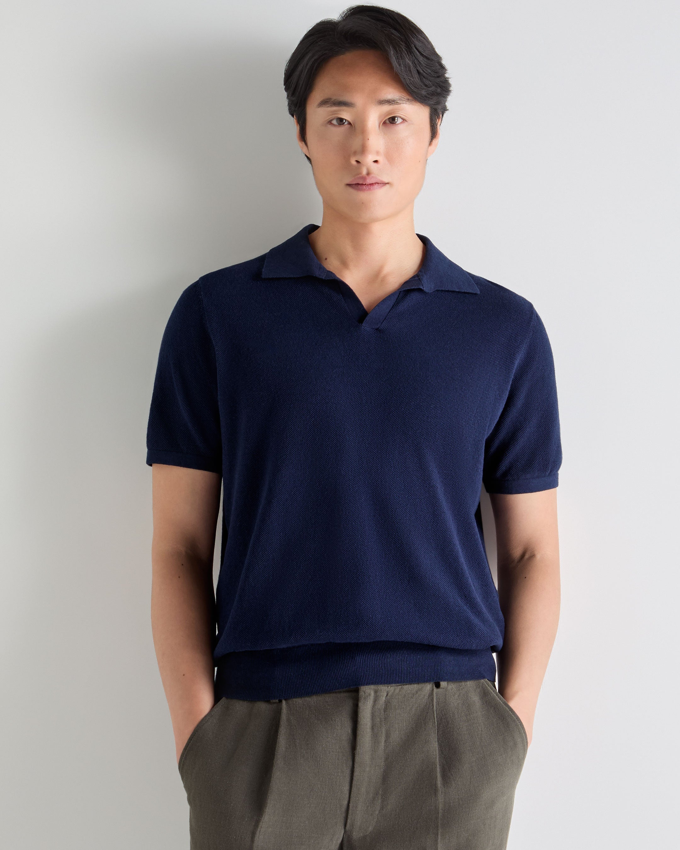 Image of Men's Pique Linen Blend Polo Deep French Blue