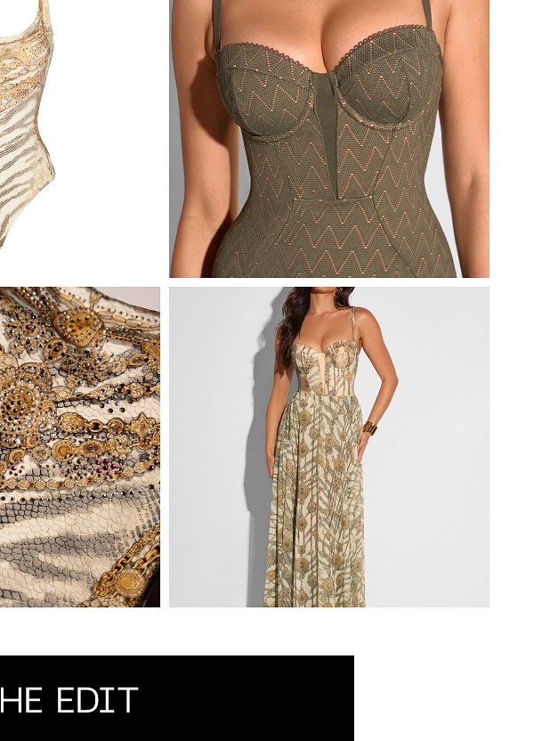 Various dresses featuring intricate patterns and designs in earthy tones.