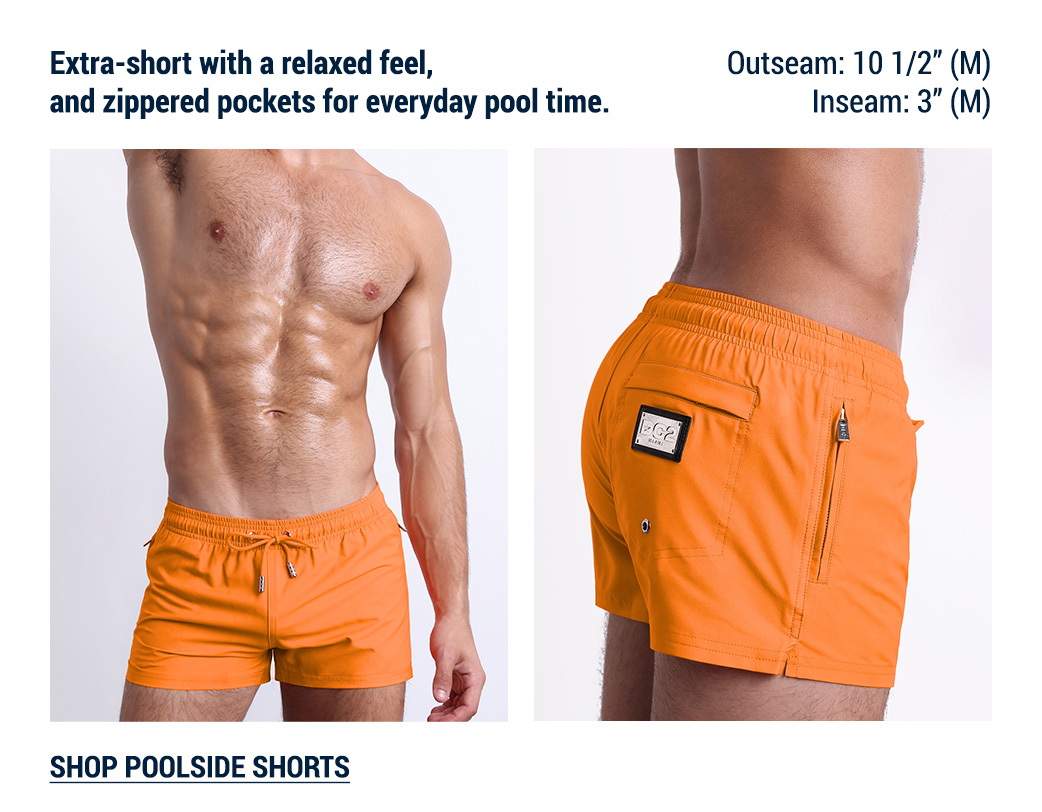 The Shorter Silhouette edit — DC2 Match Point Orange Poolside Shorts featuring a shorter silhouette, relaxed feel, and functional zippered pockets.