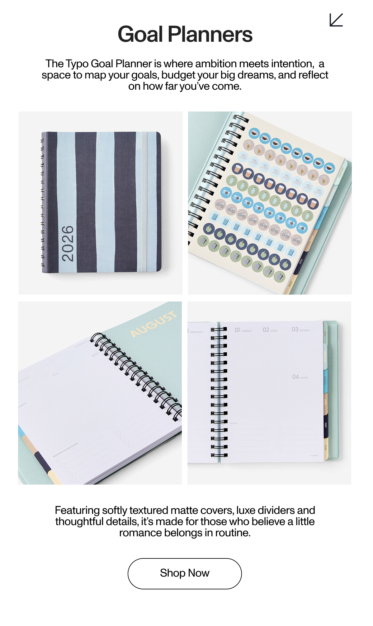 Goal Planners. The Typo Goal Planner is where ambition meets intention,  a space to map your goals, budget your big dreams, and reflect on how far you’ve come.