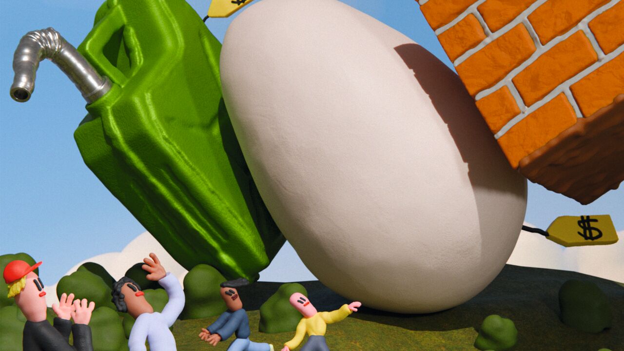 An illustration showing an oversized petrol can, an egg and a garden hose, each dangling with price tags, looming in the air as frightened people in the foreground scatter and run away.